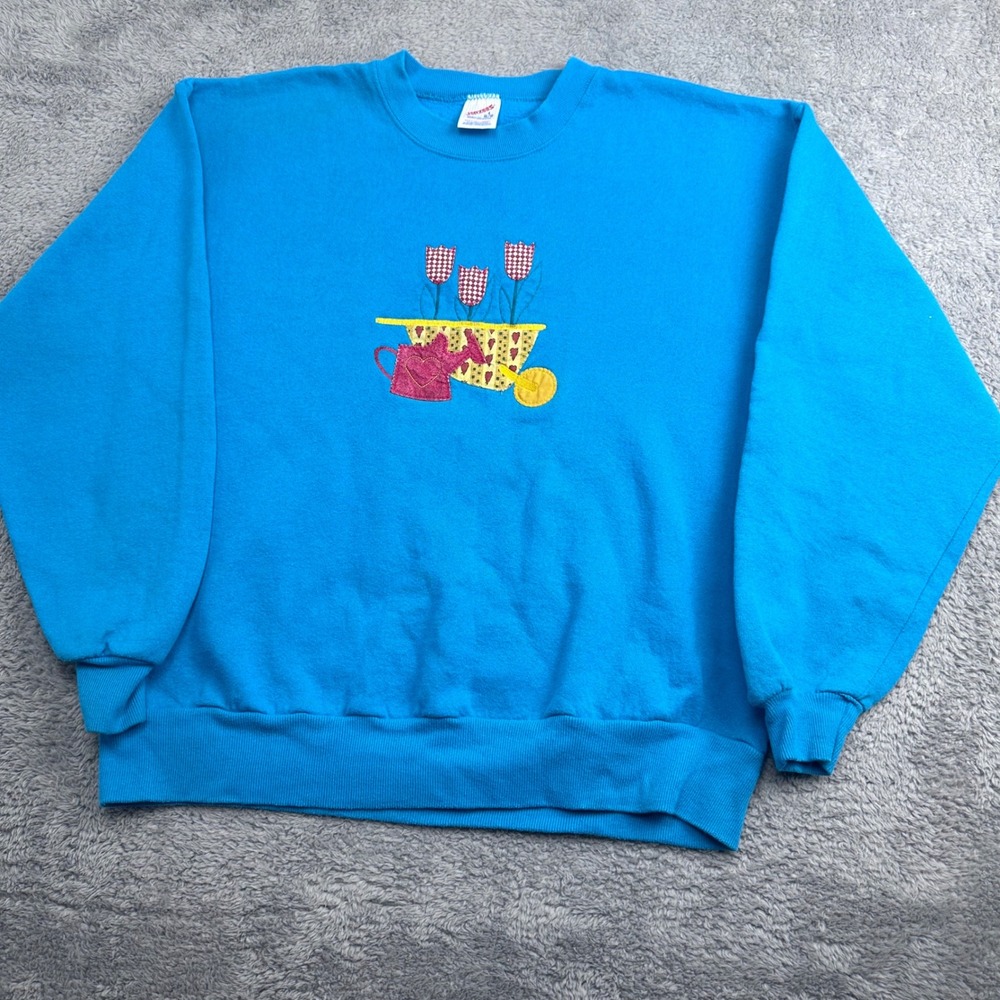 Jerzees Sweatshirt‎ Womens Large Blue Vintage 90s Garden Applique Made in USA - Picture 8 of 8